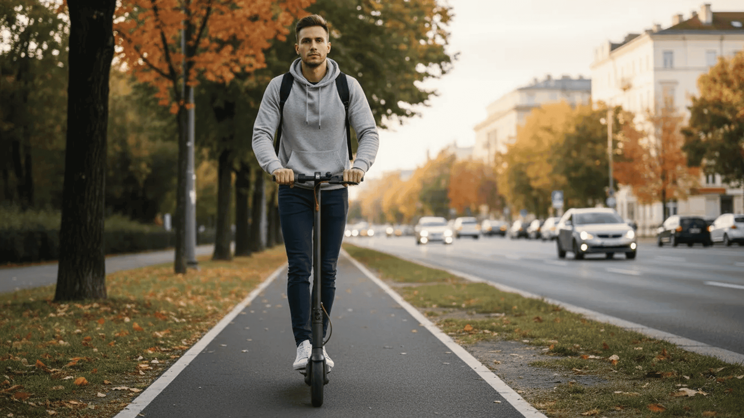 Trottinette électrique roulant sur une piste cyclable, voie de circulation prioritaire en ville