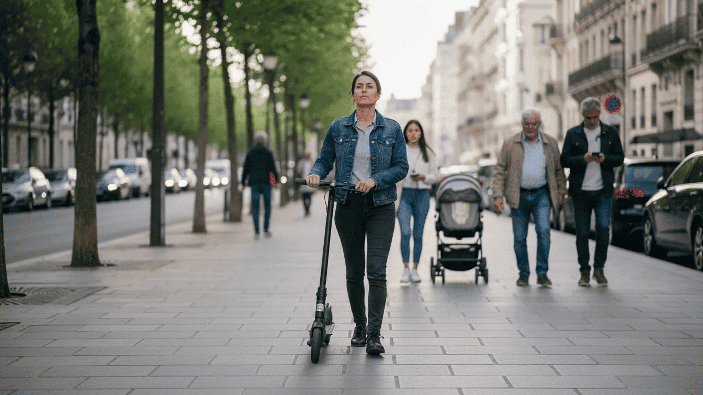 rottinette électrique sur trottoir, circulation interdite sauf exception et priorité aux piétons