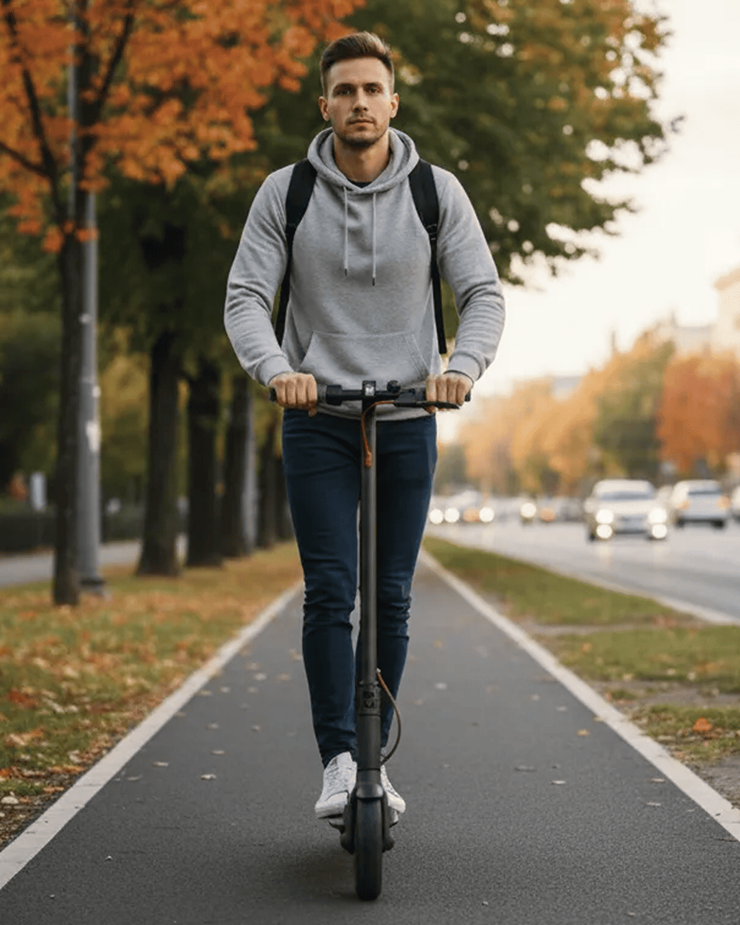 Trottinette électrique roulant sur une piste cyclable, voie de circulation prioritaire en ville