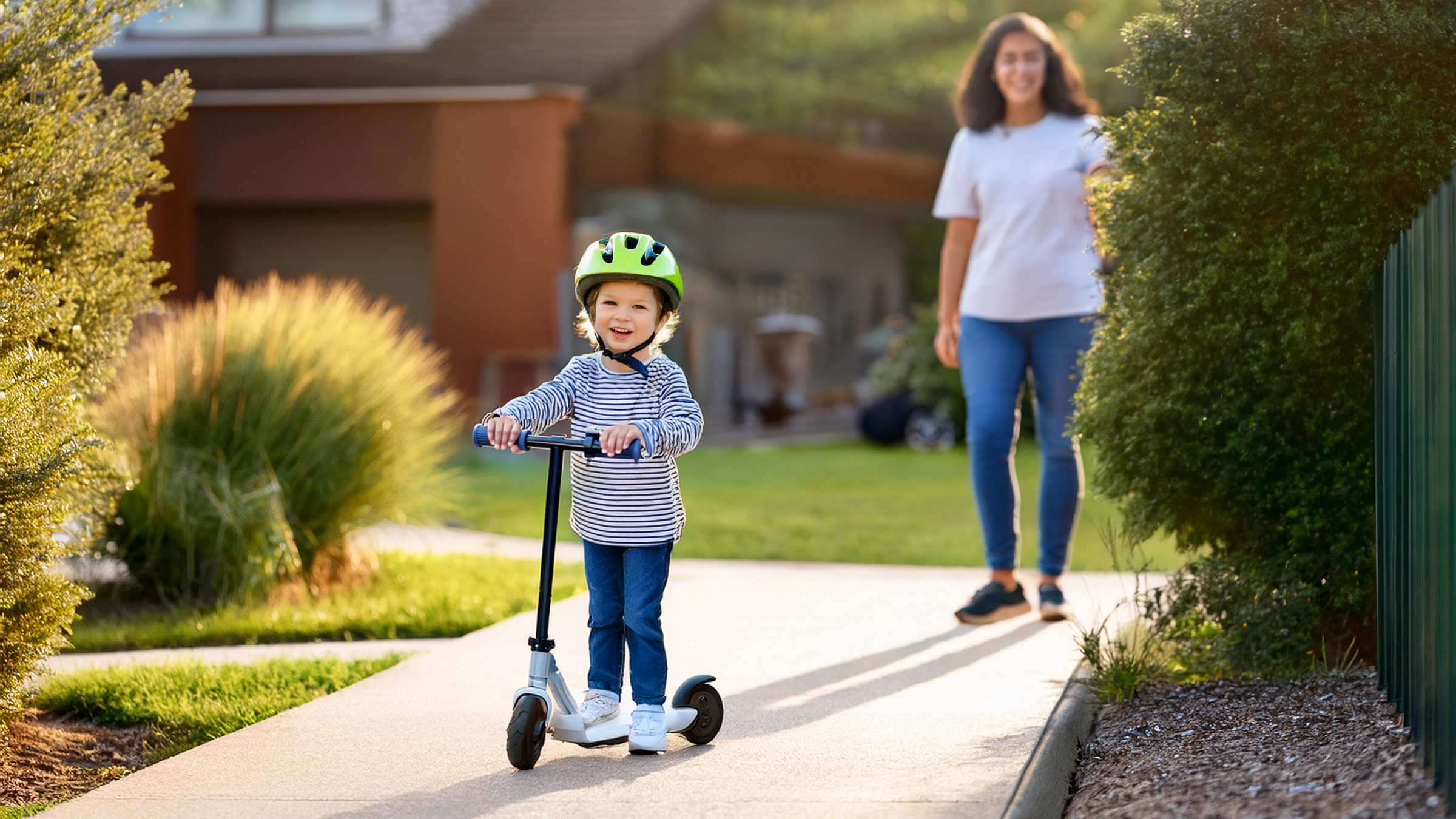 Trottinette électrique pour enfant utilisée en terrain privé, sous surveillance parentale et avec équipements de sécurité