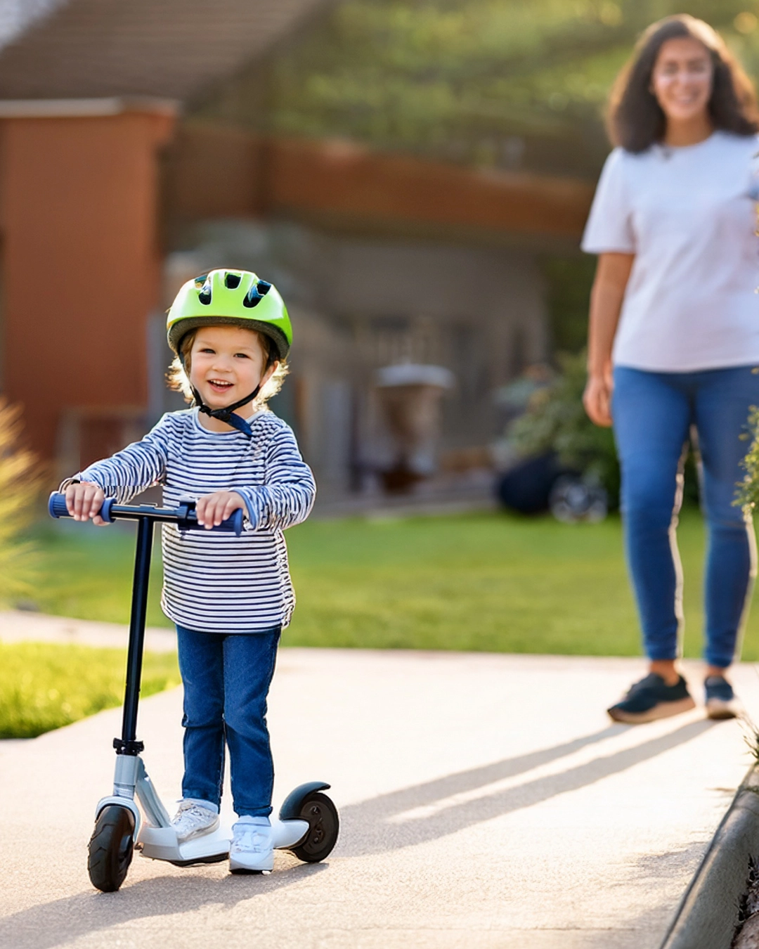 Trottinette électrique pour enfant utilisée en terrain privé, sous surveillance parentale et avec équipements de sécurité