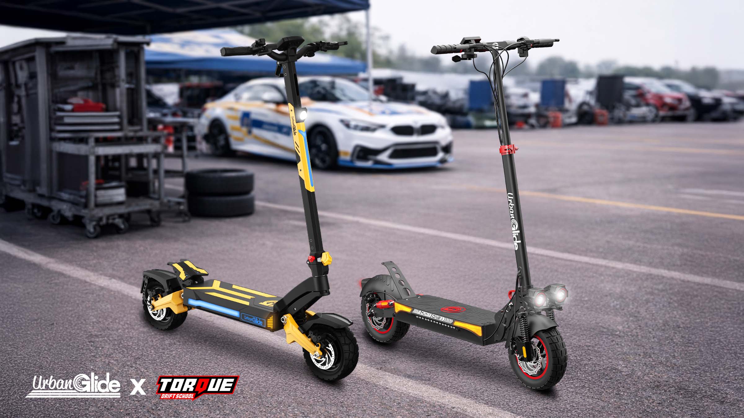 Trottinette électrique UrbanGlide sur circuit automobile aux côtés de l’univers drift