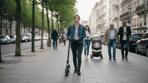 rottinette électrique sur trottoir, circulation interdite sauf exception et priorité aux piétons