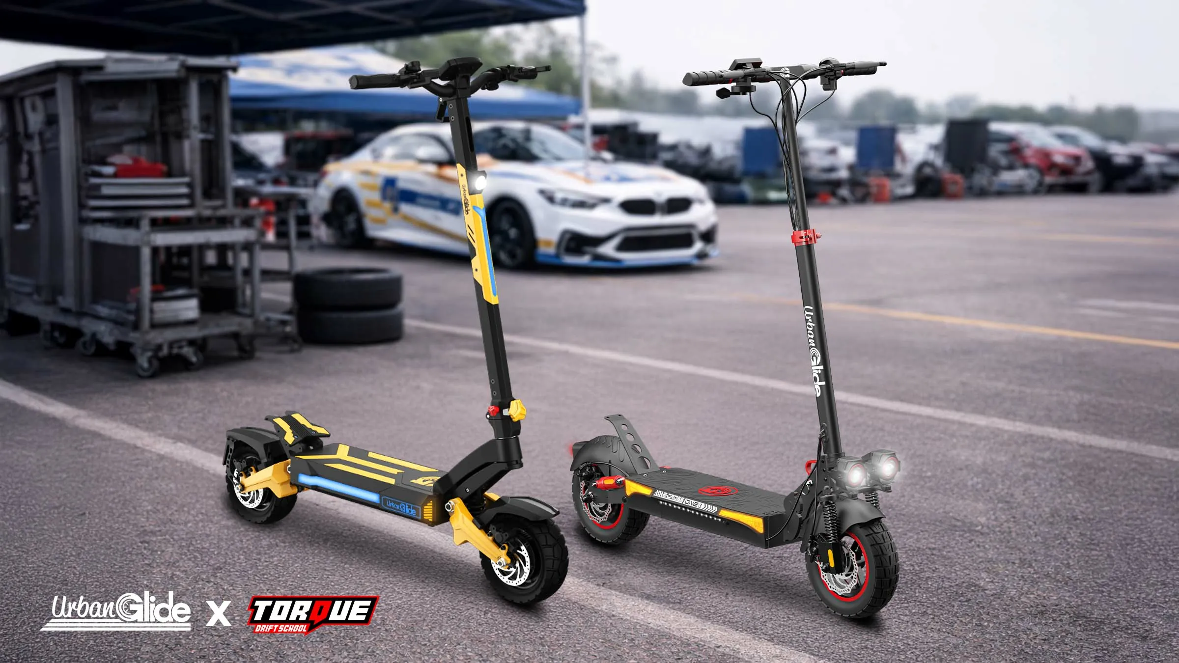 Trottinette électrique UrbanGlide sur circuit automobile aux côtés de l’univers drift